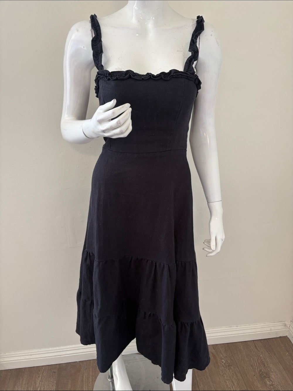 Reformation Black Linen Ruffle Trim Tiered Midi Summer Flowy Dress